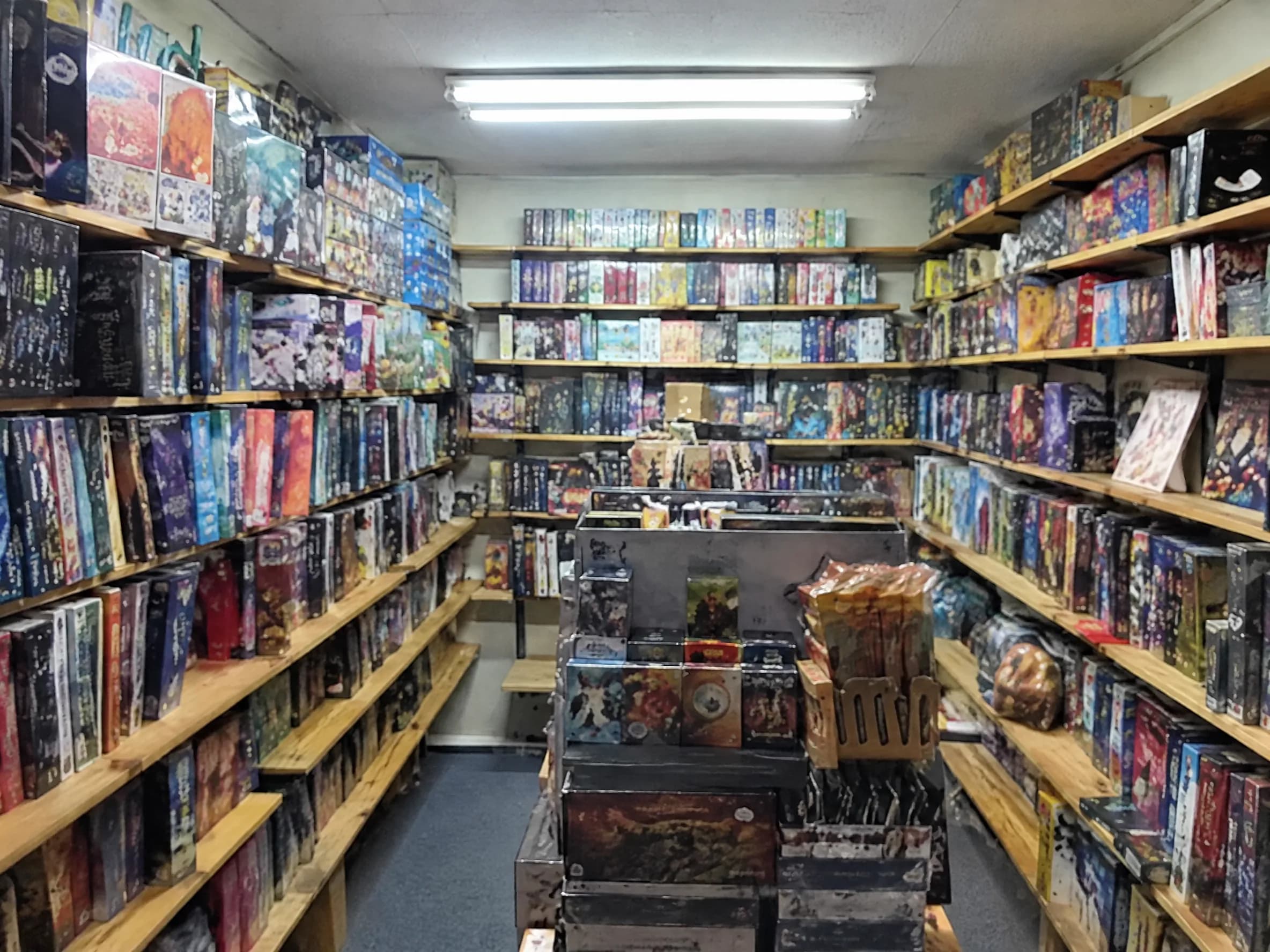 Shelves of board games.
