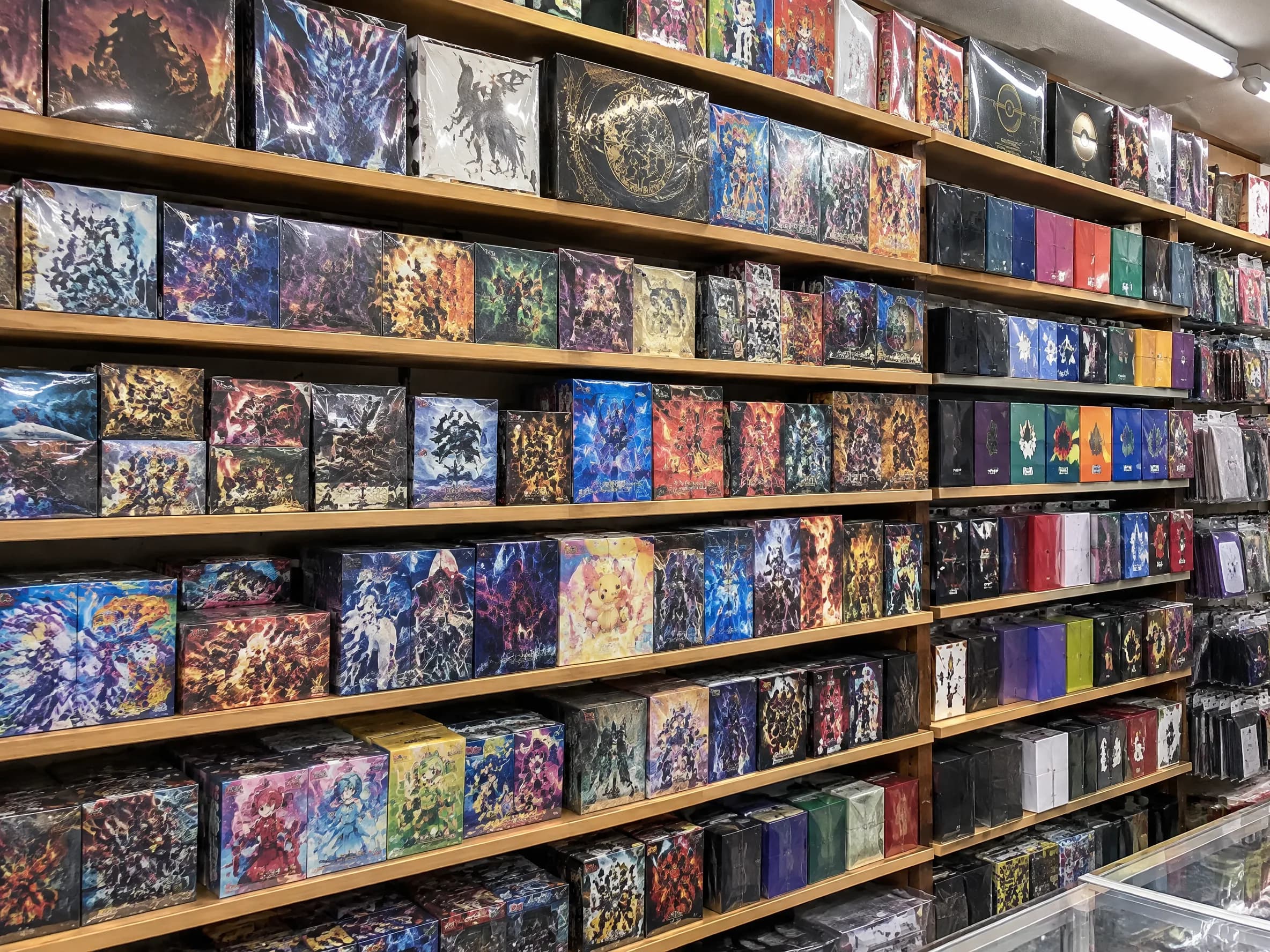 Shelves of sealed booster boxes and deck boxes.